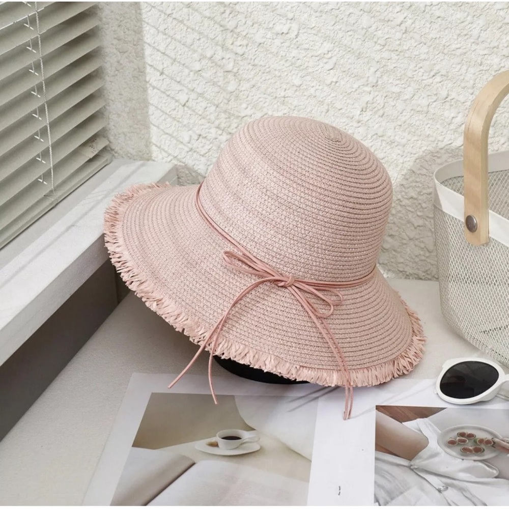 Womens Foldable Packable Summer Sun Beach Straw Hat Spring Pink Leather Band Cap